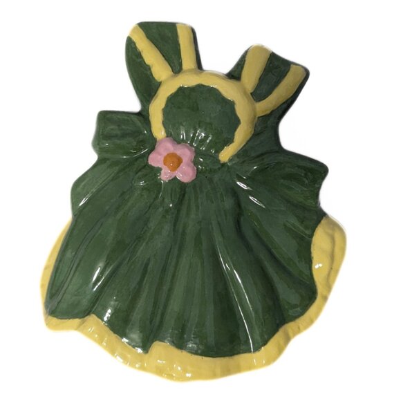 Vintage MCM Wall Hanging Planter Apron Theme Handmade Pottery Green Yellow Cute - Picture 1 of 7